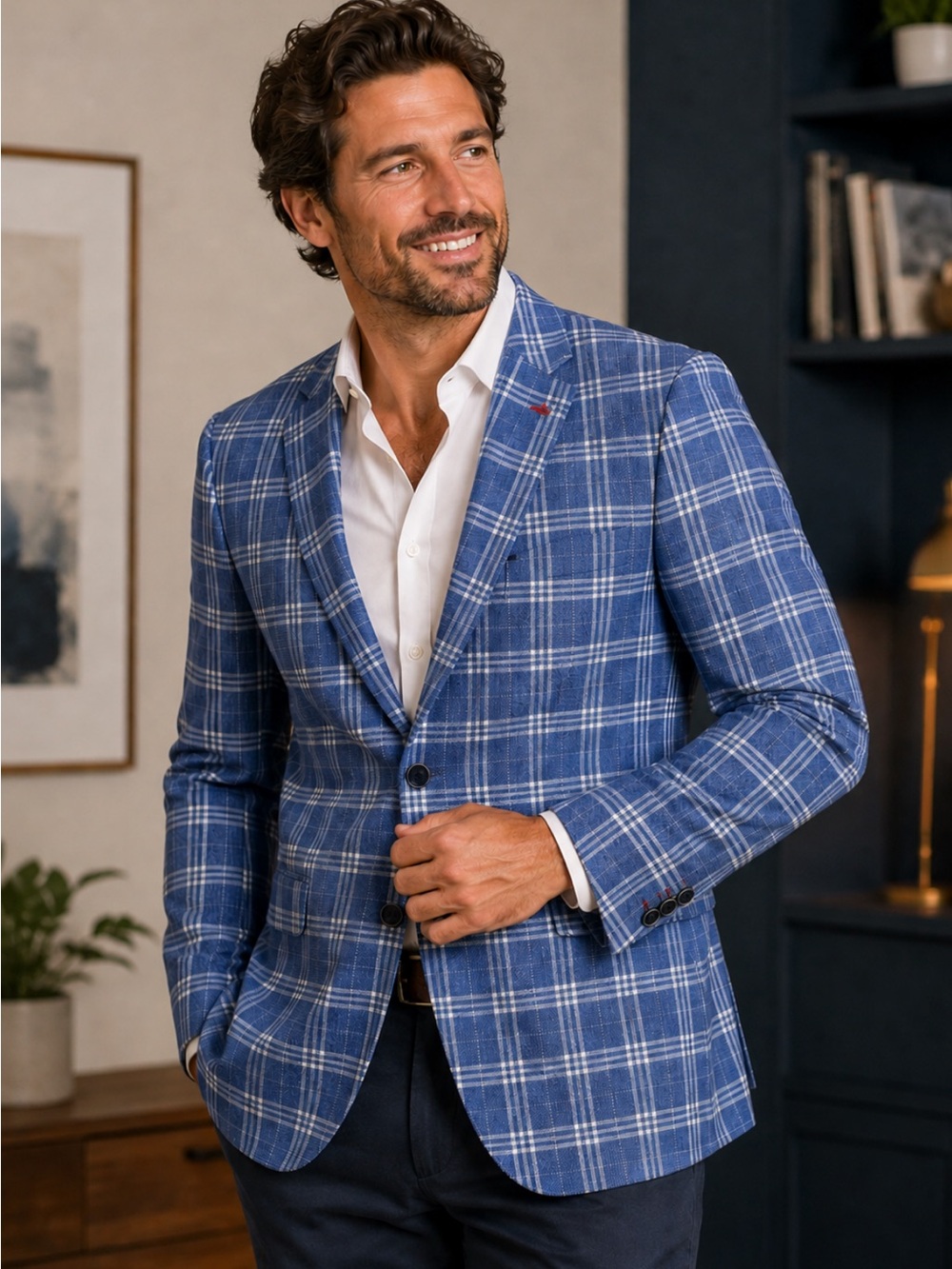 Soul of London Blue Plaid Sport Coat Blazer Men’s 40R Floral Lining Two Button